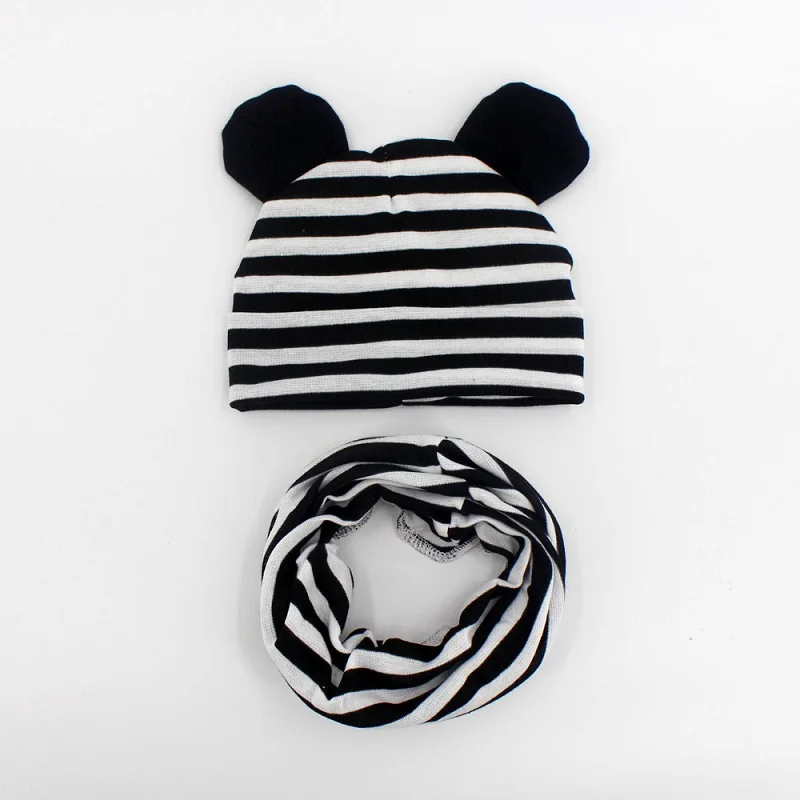 Baby Hat Cotton Ear Cap For Boys And Girls Winter Hat Scarf Set Children Boys Cap Scarf 2PCS - Цвет: black strip