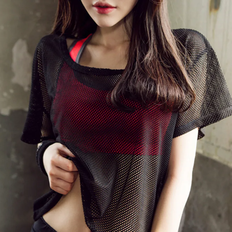 

Sports Crop Top Mesh Breathable Women Yoga Tops Sports Shirt Quick Dry Gym Shark Sportswear Tee Shirt Loose Workout Shirt