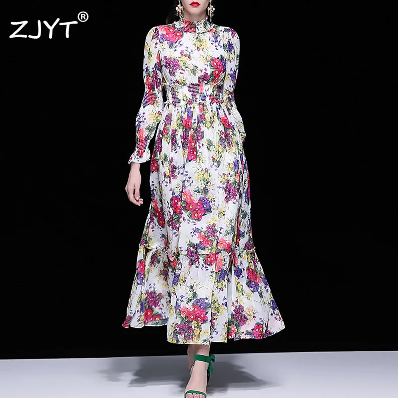 

Brand New Fashion Runway Long Maxi Dress Women Long Sleeve Floral Print Holiday Bohemian Chiffon Dresses Autumn Clothes Vestidos