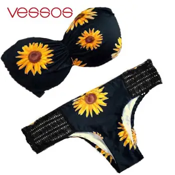 

VESSOS Sunflower Print Strapless Bikini Set Lace Patchwork Underwear Bandage Tops Female Swimsuit Beachwear Bathing Suit Bra