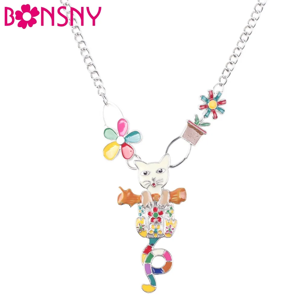

Bonsny Statement choker Enamel Flower Cat Necklace Charm Metal Alloy Chain Pendant 2016 New Jewelry For Women Collar