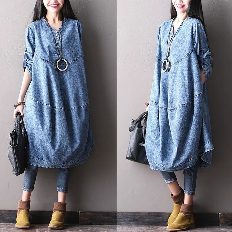 New spring autumn korean fashion style cotton denim dress female loose ...