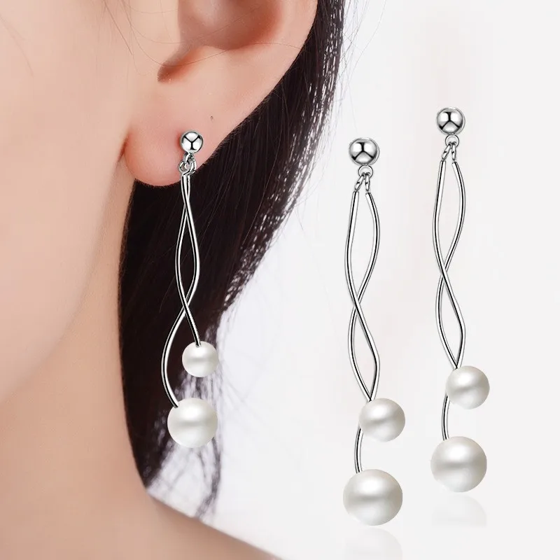 

fashion silver colour Geometric Ribbon long Korean Long Earrings geometric round peal small earrings for Women Jewelry gift