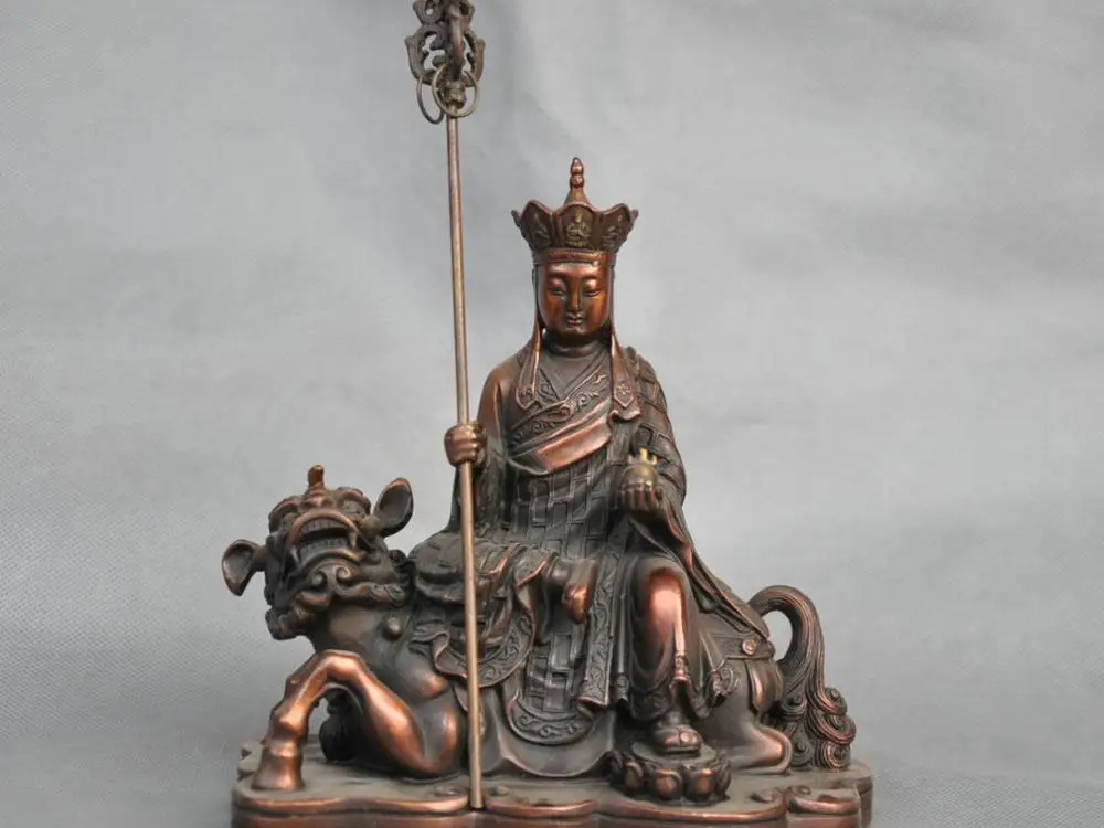

10'' China Tang Seng Monk Ksitigarbha Bodhisattva Ride Lion Bronze Statue