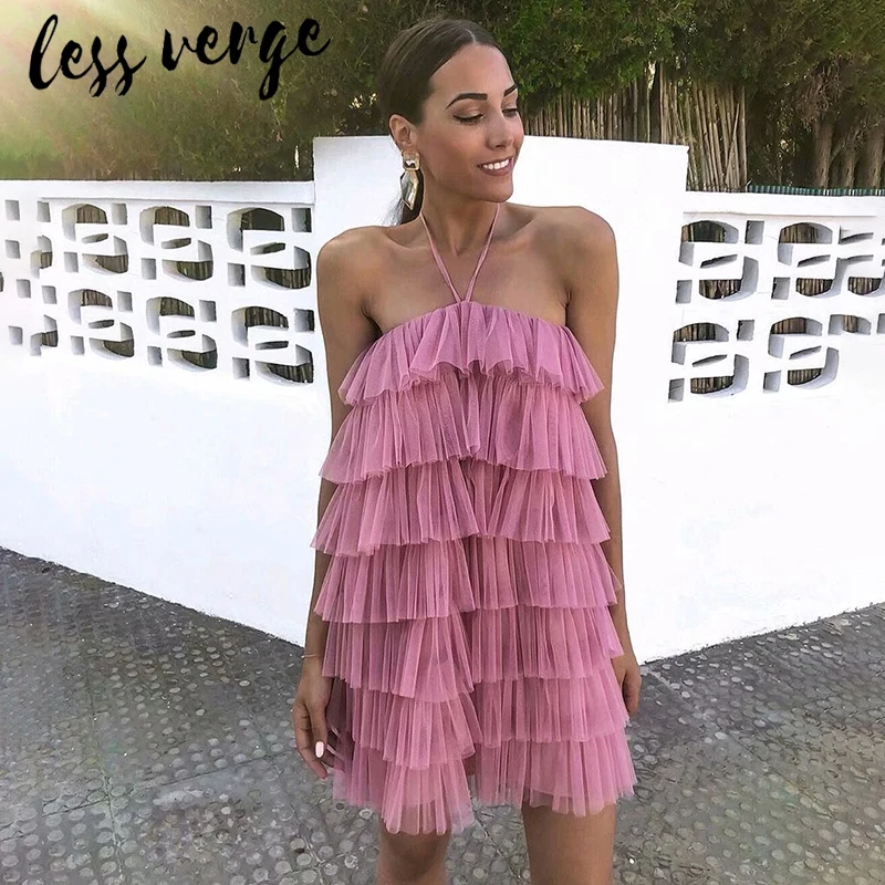 

lessverge Ruffled layer mesh pink dress Sexy off shoulder halter mini party dresses elegant Summer beach casual dresses ladies