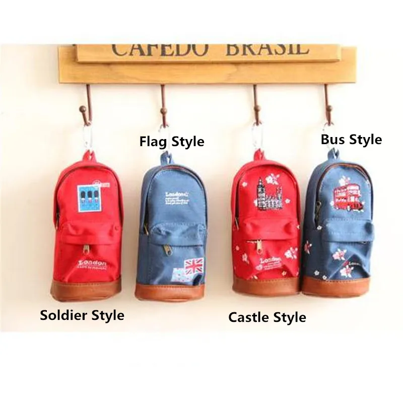 

1pc/lot Pencil Bag Carton Case 4 Style Castle/Soldier/Bus/Flag Canvas+PU Red/Blue Kids Stationery School Supplies 18*9*5cm