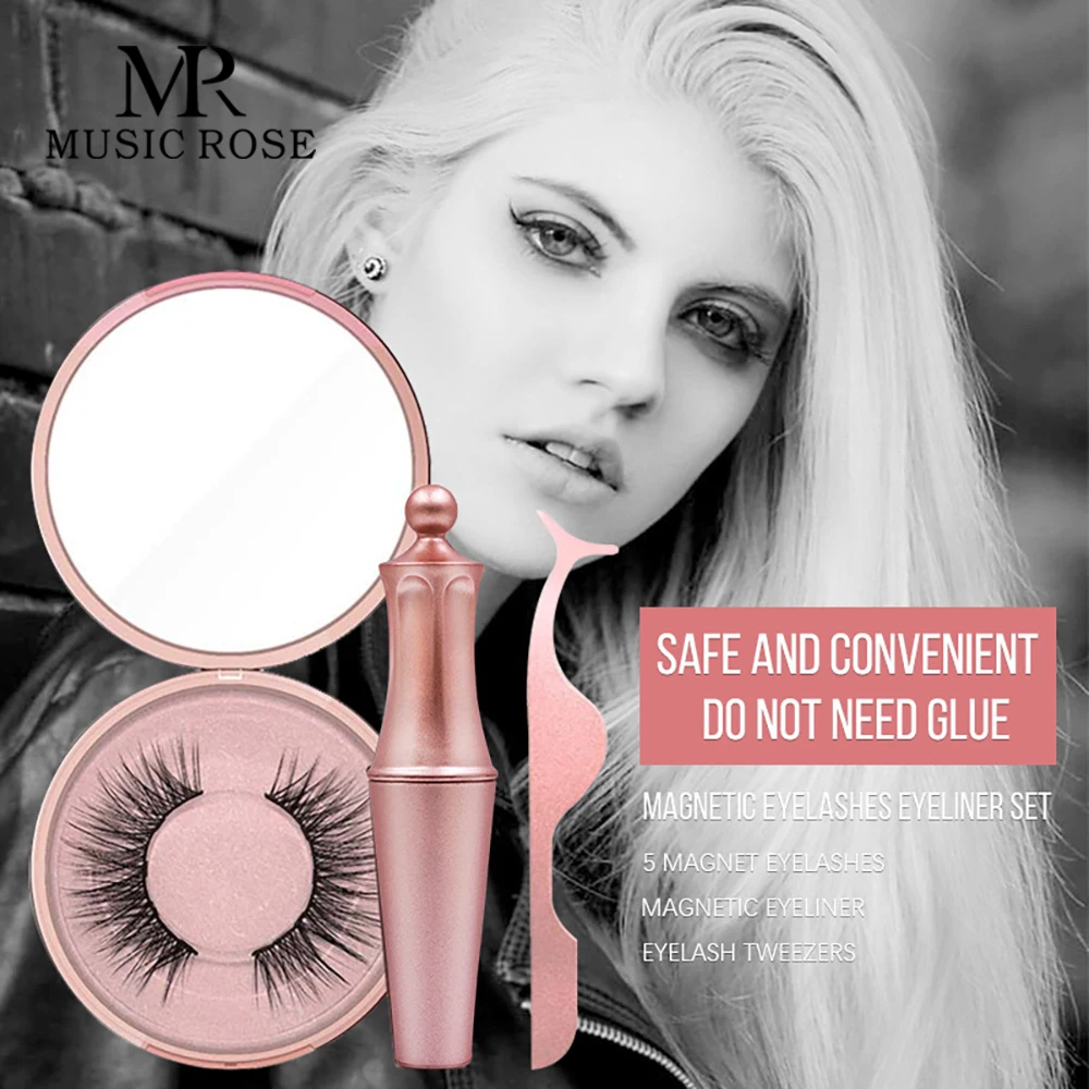 

Music Rose 3pcs/set 3D Magnet False Eyelashes with Tweezers Magnet Eyeliner Set Free Glue Reusable Natural False Eyelashes Gift