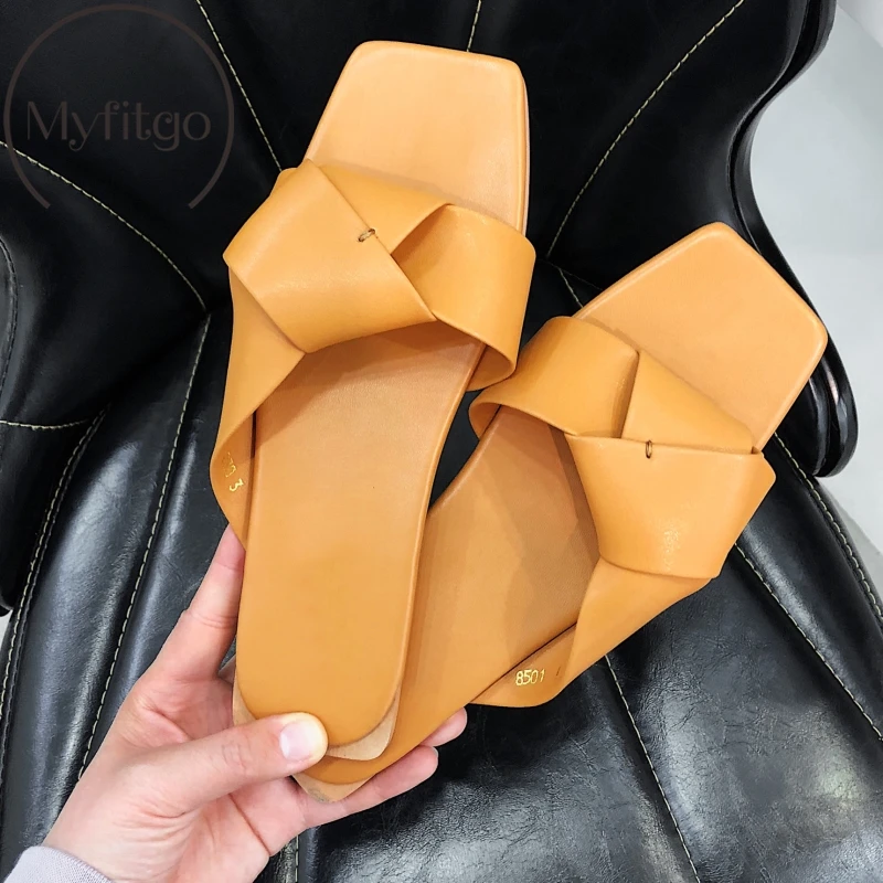 

Myfitgo Summer Bowknot Slippers Women Slides Fashion Cowhide Square Toe Butterfly-knot Flat Casual Shoes Beach Slides for Girls