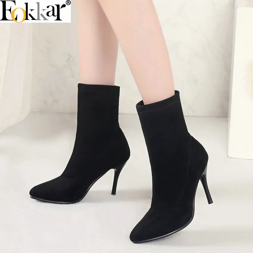 

Eokkar 2020 Women Ankle Boots Flock Women Shoes Winter Boots Slip on Thin High Heel Black Socks Boots Ladies Boots Size 34-43