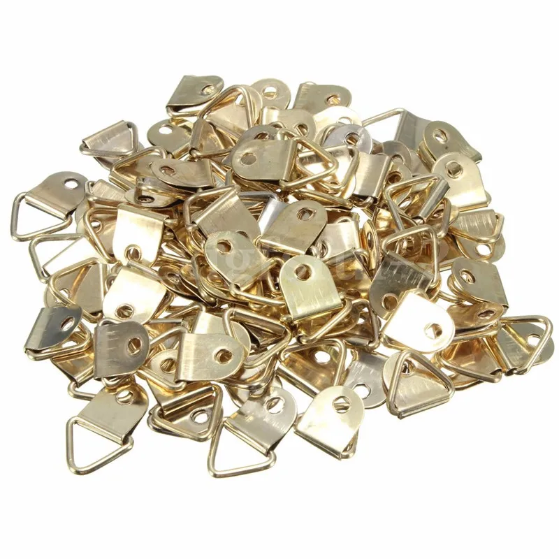 

10Pc Golden Triangle D-Ring Hanging Picture oil Painting Mirror Frame Hooks Hangers With 10 Screws