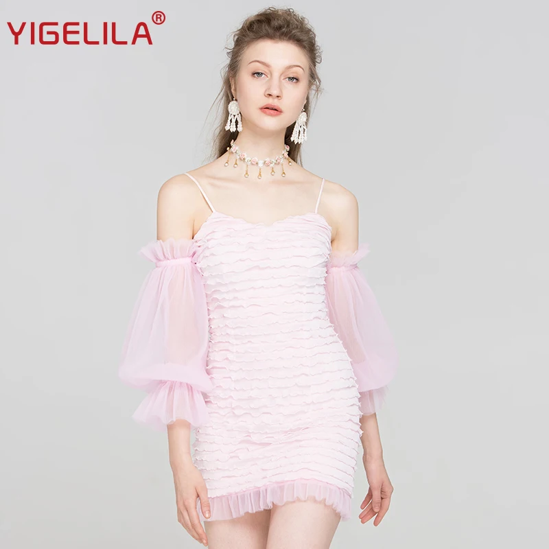 Женское платье футляр YIGELILA розовое мини на бретельках с открытой спиной и