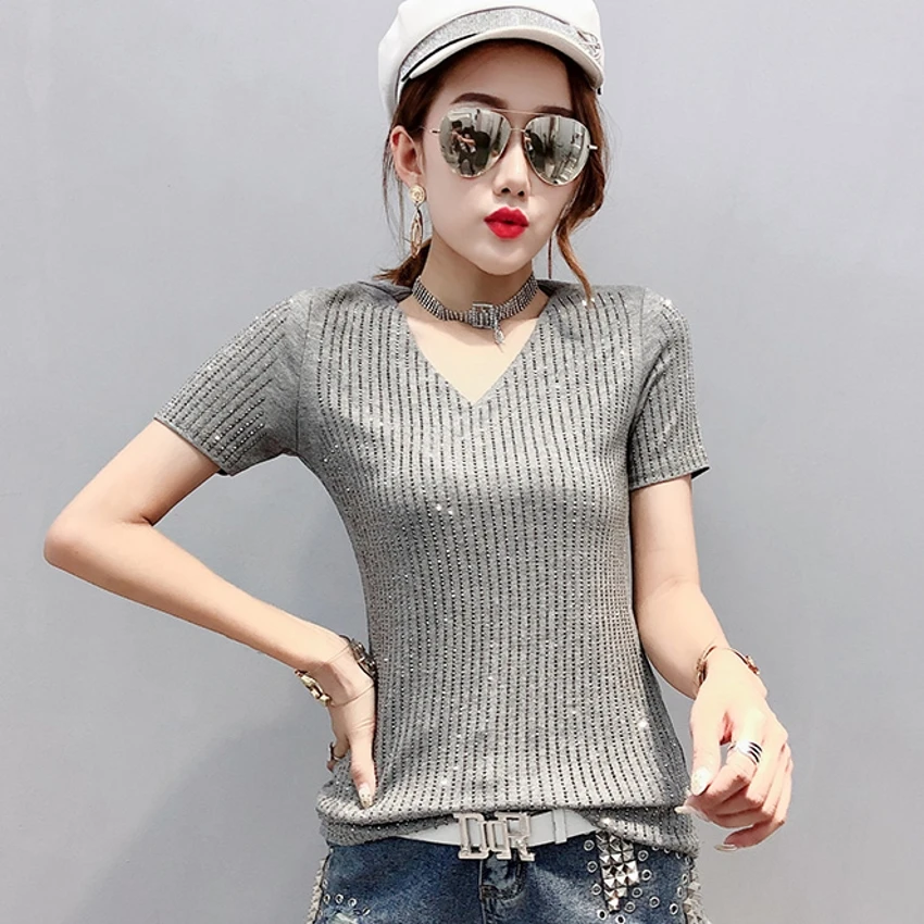 

Korean 2019 Summer New Diamonds Tshirt Women Slim Short Sleeve V-Neck Women Top Camiseta Mujer Tshirt Woman Office Lady T95008