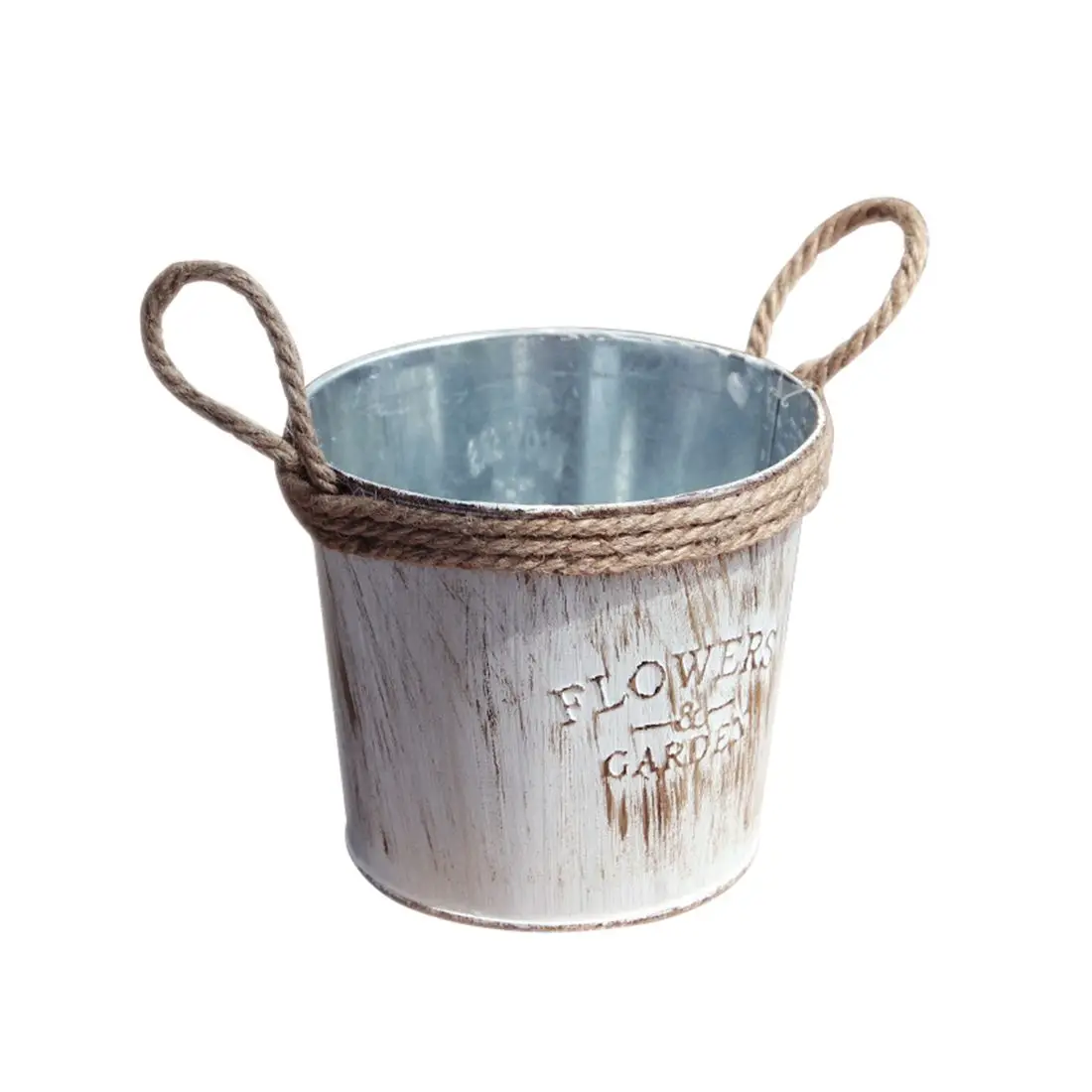 

Hot Sale Country retro old metal flower bucket flower creative home desktop decoration metal handicraft iron bucket hemp rope