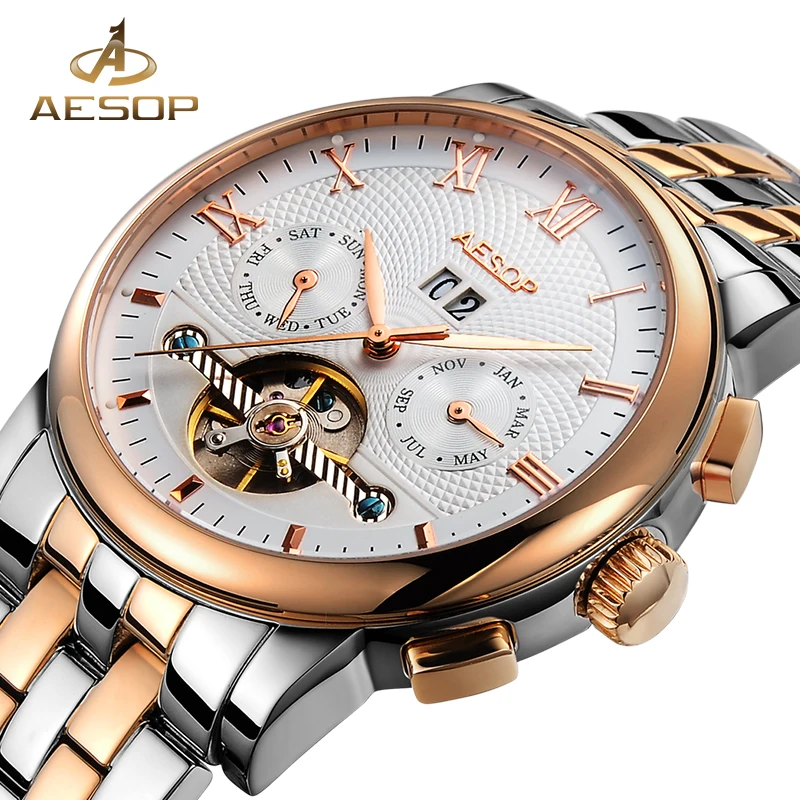 AESOP Mechanical Men Watch Fashion Automatic Wristwatch Rose Gold Hollow Stainless Steel Male Clock Relogio Masculino Box 27 | Наручные