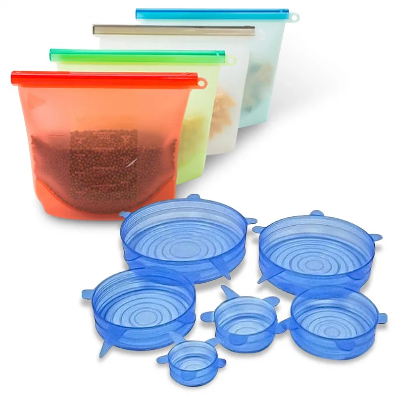 Silicone Food Storage Bag Reusable 4pcs Bonus Silicone Stretch Lids 6