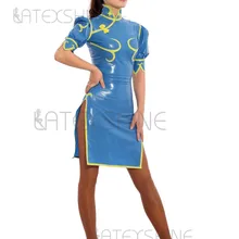 Сексуальный женский синий латекс платье Кожа Туго Платье из латекса с задней молнией