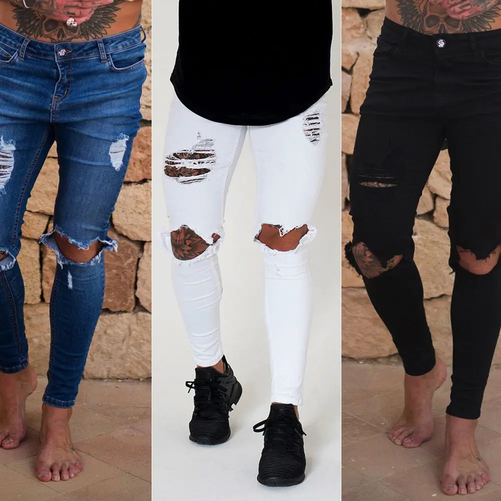 Новые джинсы с дырками, мужские Модные обтягивающие штаны-карандаш стрейч из денима, потертые рваные джинсы, байкерские облегающие джинсы, размер 28-36