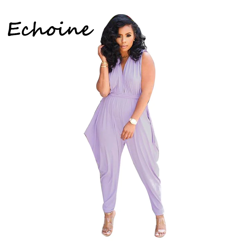 

Echoine Sexy Jumpsuit Deep V-neck Sleeveless Long Pants Playsuit Rompers Womens Jumpsuit Overalls With Belt Plus Size 2 XL
