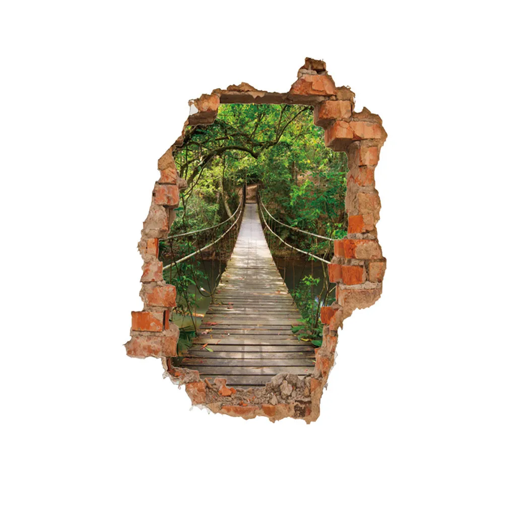 

Wall stickers home decoration DIY broken wall suspension bridge forest 3D stereo creative wall stickers L0426