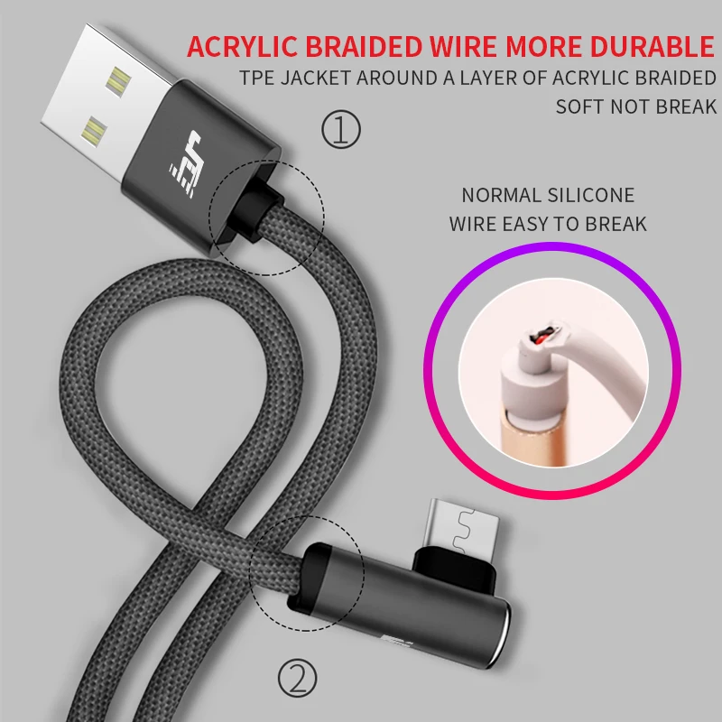 Cable Micro USB en forma de L BR para Cables Xiaomi Redmi 4X Huawei Cable Datos rápidos para Samsung cargador rápido Cable línea