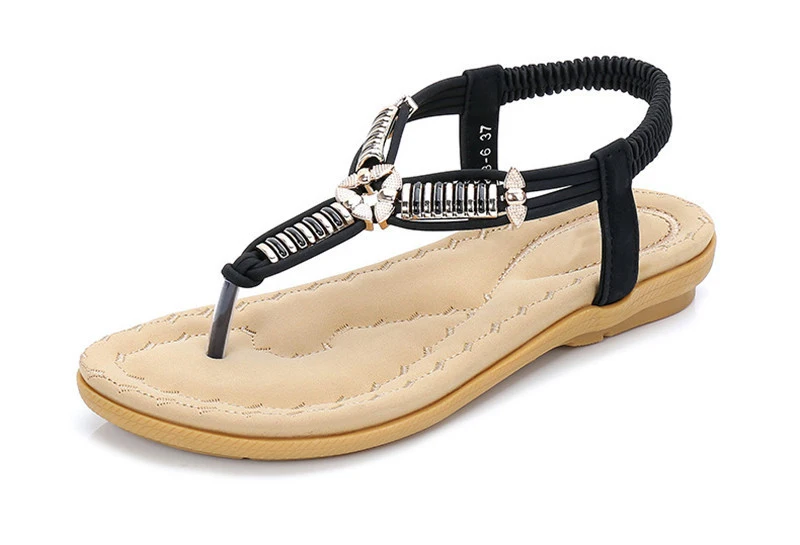 BEYARNEWomen Beach Flat Sandals Woman Fashion Metal Decoration Elastic Band Casual Sandals Flats Black White Comfortable Shoes