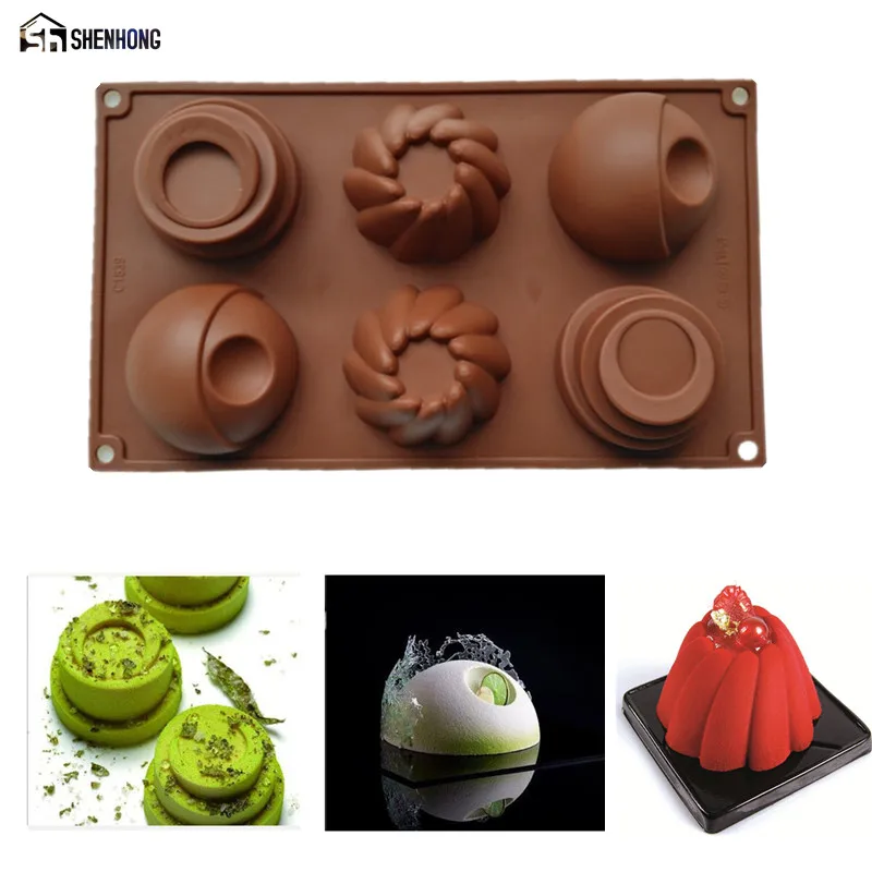 

SHENHONG 1PCS 6 Hole Multi Style 3D Art Cup Cake Moule Chocolate Silicone Mold Mousse Silikonowe Baking Pastry Decoration Mould