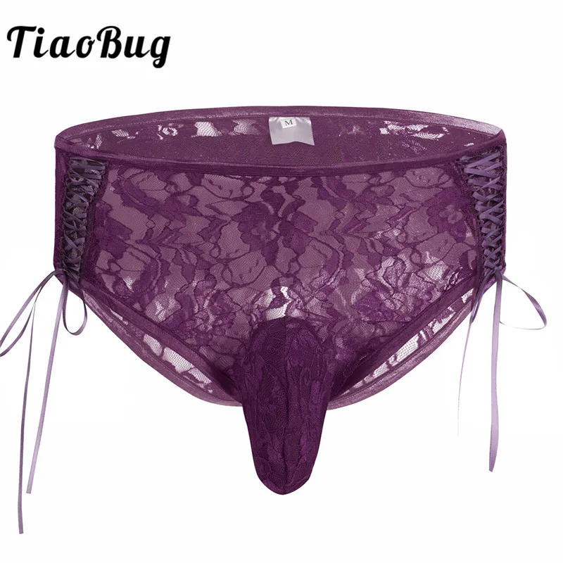 Men Lace Boxer Briefs Open Butt Strappy Bikini Gay Sissy Pouch Underwear Panties