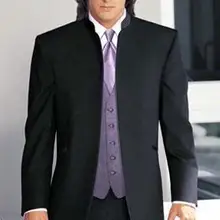 Стиль, Черные смокинги для жениха, мужской костюм, стоячий воротник, мужские свадебные костюмы, костюмы для выпускного вечера(пиджак+ брюки+ жилет+ галстук