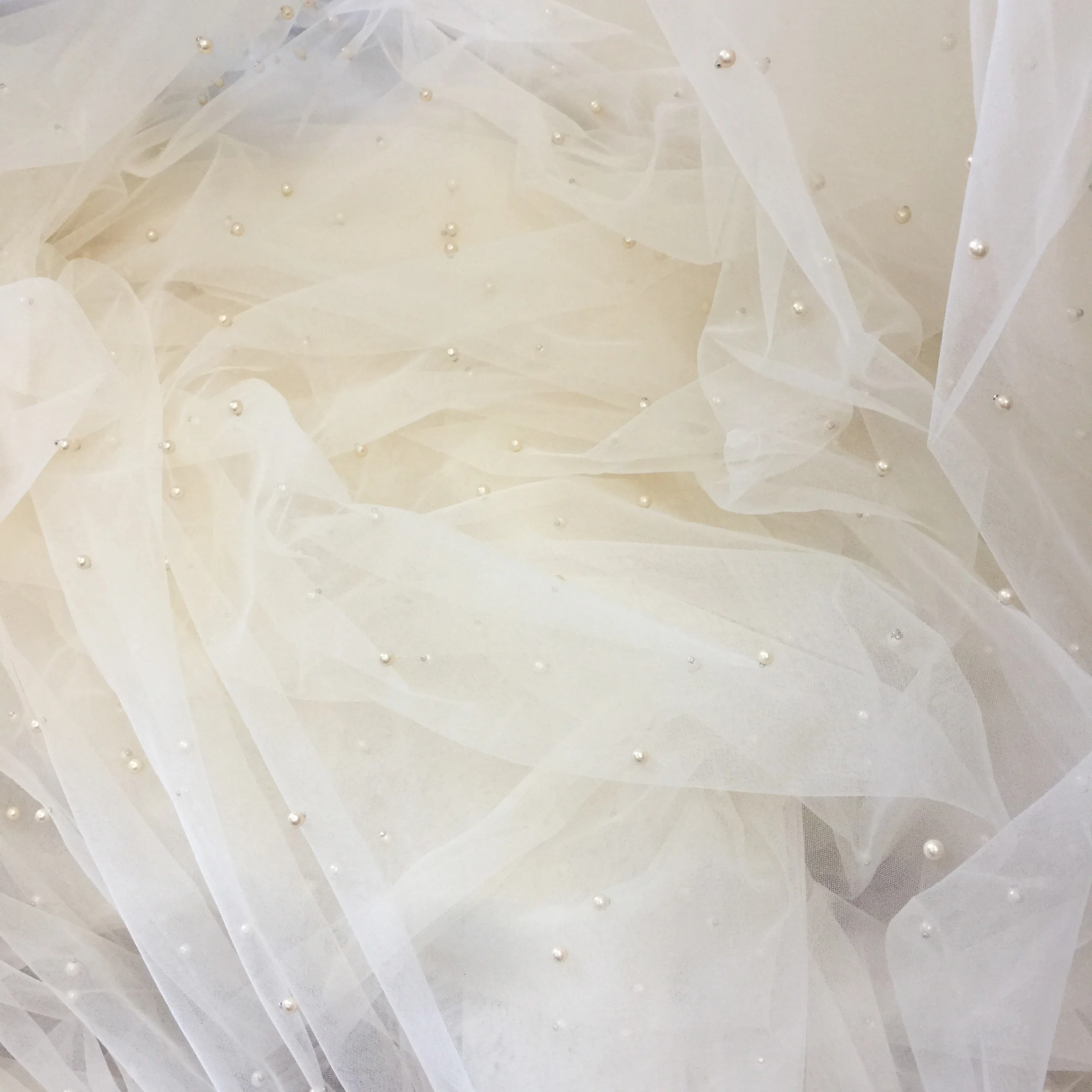 

1 Yard Quality champagne tulle with champagne pearls beading lace tulle , soft and flowy bridal veil beaded tulle 150cm wide