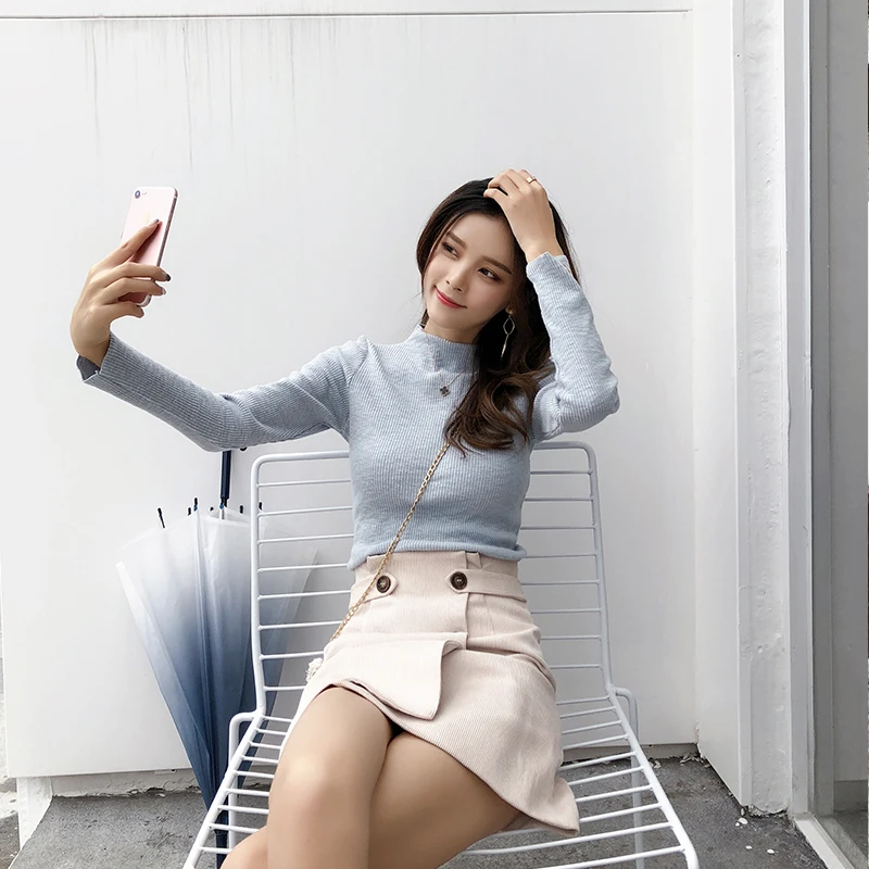 Tanie 2019 MISHOW jesienno zimowa mała wysoka kołnierz dziergany dół koszula kobiety slim fit długim rękawem sweter topy MX18D3417