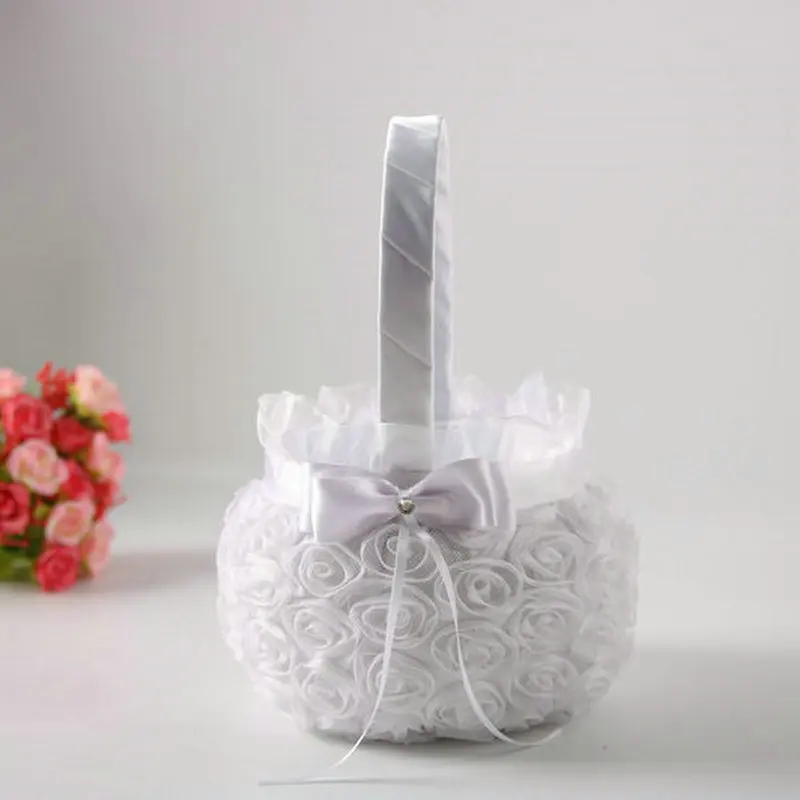 

2pcs/lot white Wedding Party Decorations Gift Candy Basket Wedding Flower Girl Basket with Flowes Pearls Satin Ribbons Bow