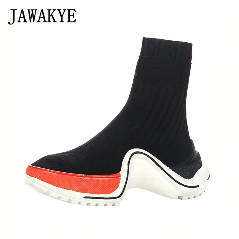 

2019 Fashion Knitting Platform Sock Shoes Women Mixed Color Thick Bottom ladies Flat Sneakers Streth High Shoes Woman