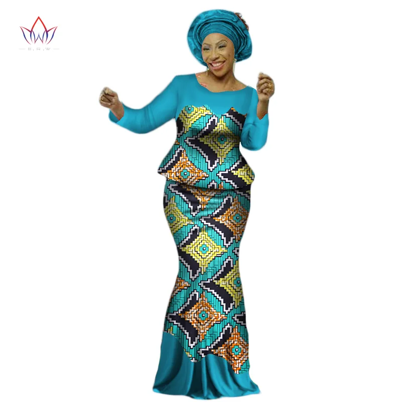 Africa Style Bazin Riche Dresses for Women Two Pieces Set Women Long Sleeve Tops and Long African Print Skirt Plus Size WY2454