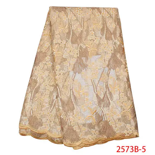

2019 New Design Embroidery Fabric Lace Golden Latest African Tulle Lace High Quality QF2573B-4