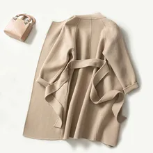 Модное женское пальто средней длины из чистой шерсти с двойным лицом и широким поясом, S-3XL, опт и розница, на заказ