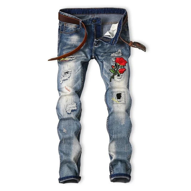 Aelfric Eden Men's Biker Flower Patch Design Embroidered Jeans Men ...