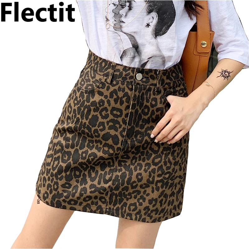 Flectit Falda vaquera de leopardo marrón para mujer, minifalda de tubo cintura alta, ropa Sexy para discoteca|Faldas| - AliExpress
