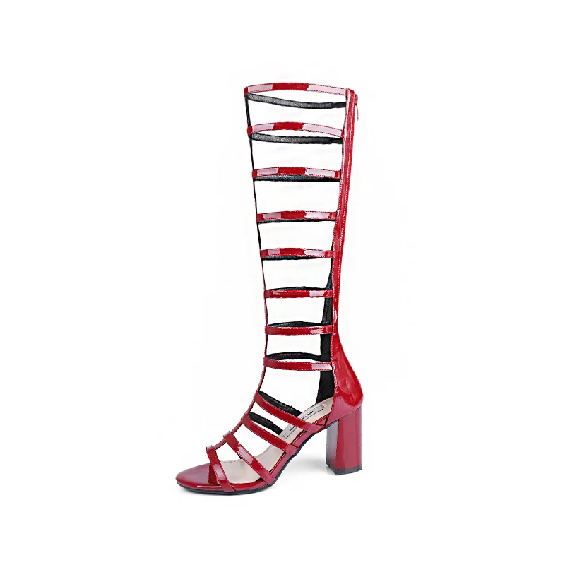 WETKISS/женские сапоги в стиле «Гладиатор» Женские сапоги до колена с открытым носком квадратный каблук искусственная, обувь на молнии, Модная обувь на высоком каблуке Летняя женская обувь