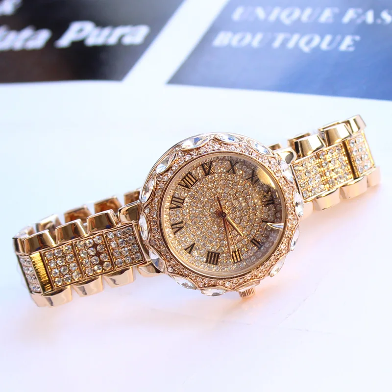 

Hot Sale! Top Quality Women Watches Luxury Steel Full Rhinestone Wristwatch Lady Crystal Dress Watches Gold Female Quartz Watch