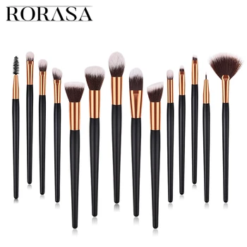 

RORASA 14 pcs Rose Golden Makeup Brushes Foundation Powder Lip Eyebrow Brush with Cosmetic Bag Wooden Handle Make up Brush Kits