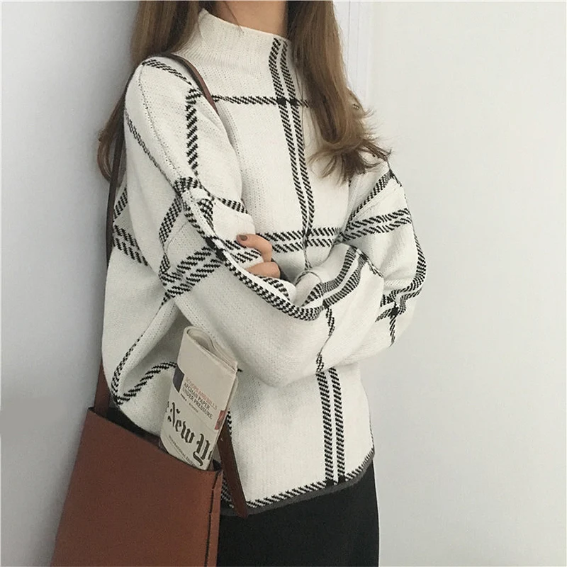 

Women's Sweater 2019 Autumn Winter New Plaid Pullovers Elegant Femme Knitted Turtleneck Long Sleeve Sweater Women Knitwear Mujer
