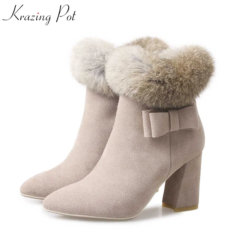 

Krazing Pot cow suede real fur rabbit hair solid women pointed toe dowager high heels zipper punk style bowtie ankle boots L68