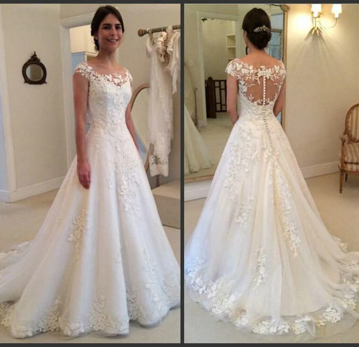 

New Bridal Dress 2019 Cap Sleeves Wedding Dresses Buttons Back Bridal Gown Dresses For Bride Superbweddingdress