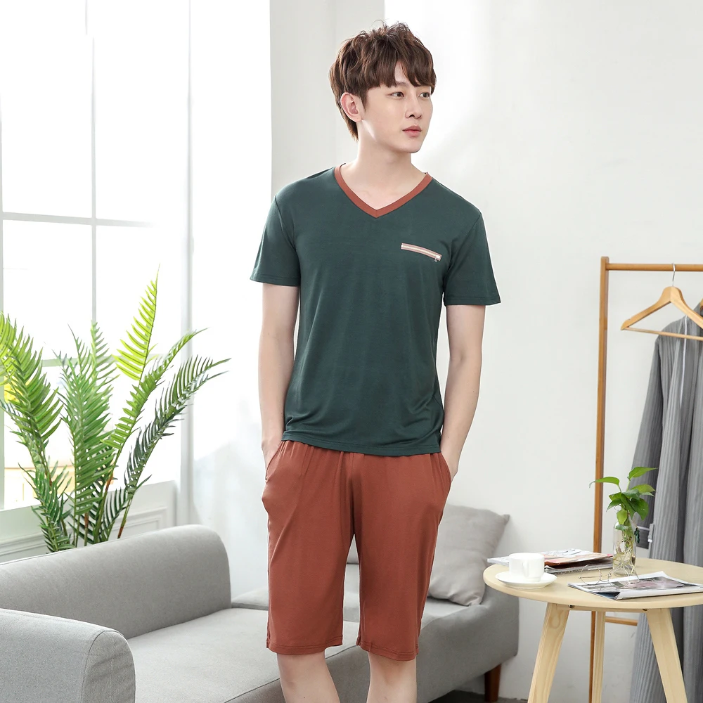 

Men Pajamas set cartoon sleepwear Bamboo Fiber nightwear short sleeved male sleep clothing plus size nighties summer homewear