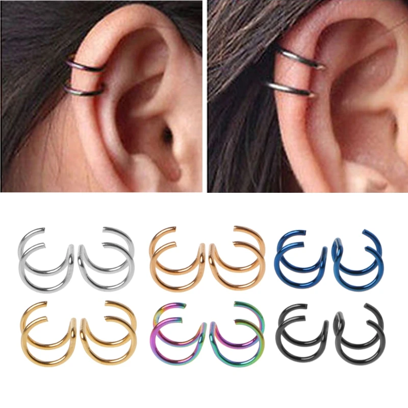 Titanium 2 Rings Ear Cuff Clips On Helix Cartilage Ring No Piercing