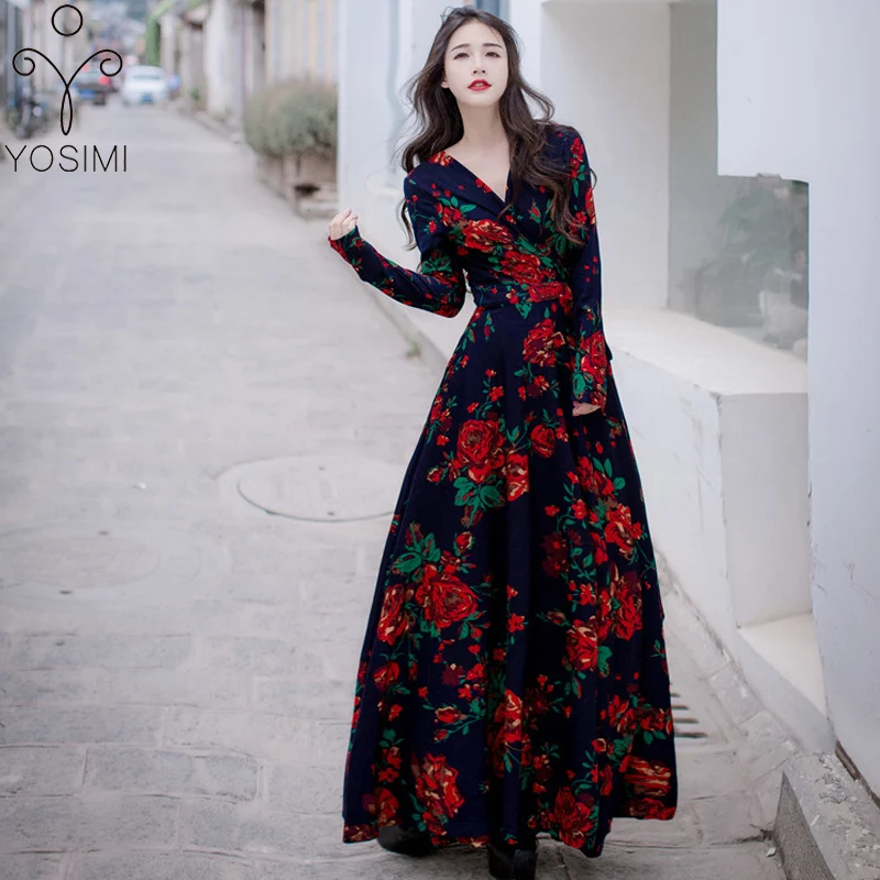 Yosimi 2017 Herfst Winter Maxi Vintage Flore Print Breien Katoen Lange Avond Party Vrouwen Jurk Volledige Mouw Vrouwelijke Vestidos