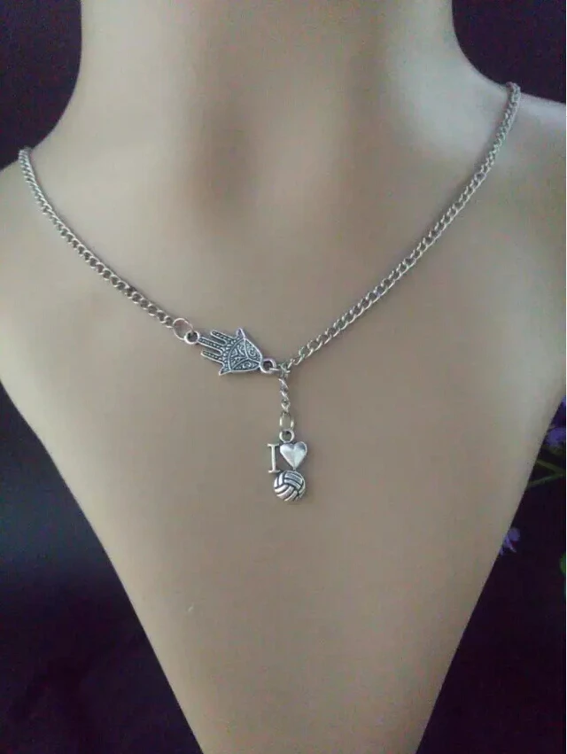 

Hamsa Fatima hand&I love volleyball Fashion Vintage silver charm sweater chain suitable necklace&bracelet jewelry B521