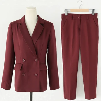 

Fashion 2 Pieces Sets Lapel Double Breasted Jacket & Slim Pant Suits Women Blazer Suits Office Ladies Business Set