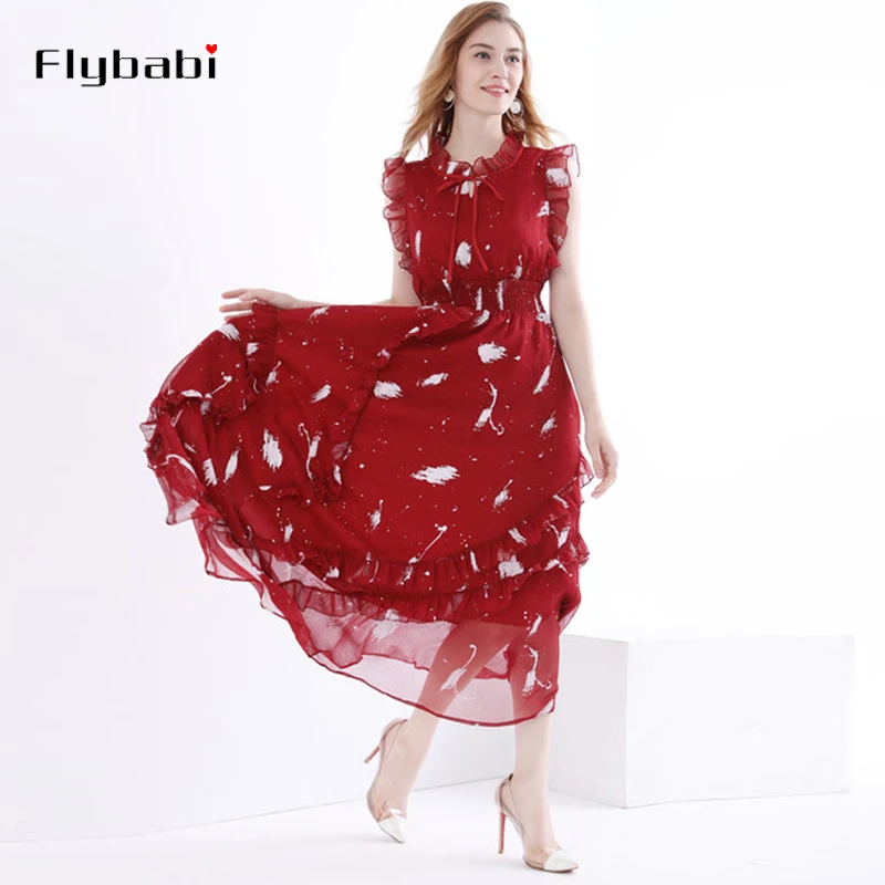 2018 Summer New Arrival Fashion Ruffled Sleeveless Print A Line Elegant