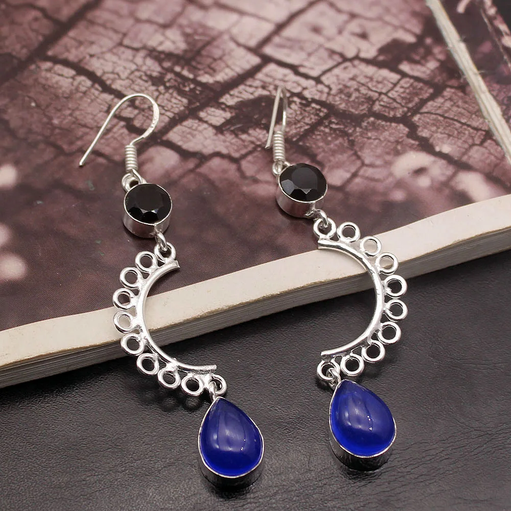 Hermosa трендовые Женские Висячие серьги BlueChalcedony BlackOnyx 2 7/8 дюйма A432 | Украшения и
